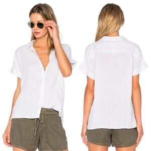 James Perse 100% Linen Striped Short Cap Sleeve Button Up Shirt White 0 XS $185